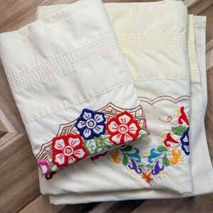 VTG Sears Perma Percale Full Flat Sheet+Pillow Case Embroidered Floral‎ Cottage